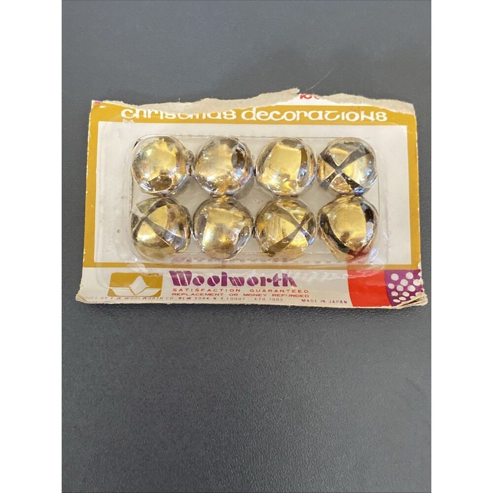 Vintage Woolworth 8 Christmas Decoration Jingle Bells Japan Gold Tone 1/2" Small